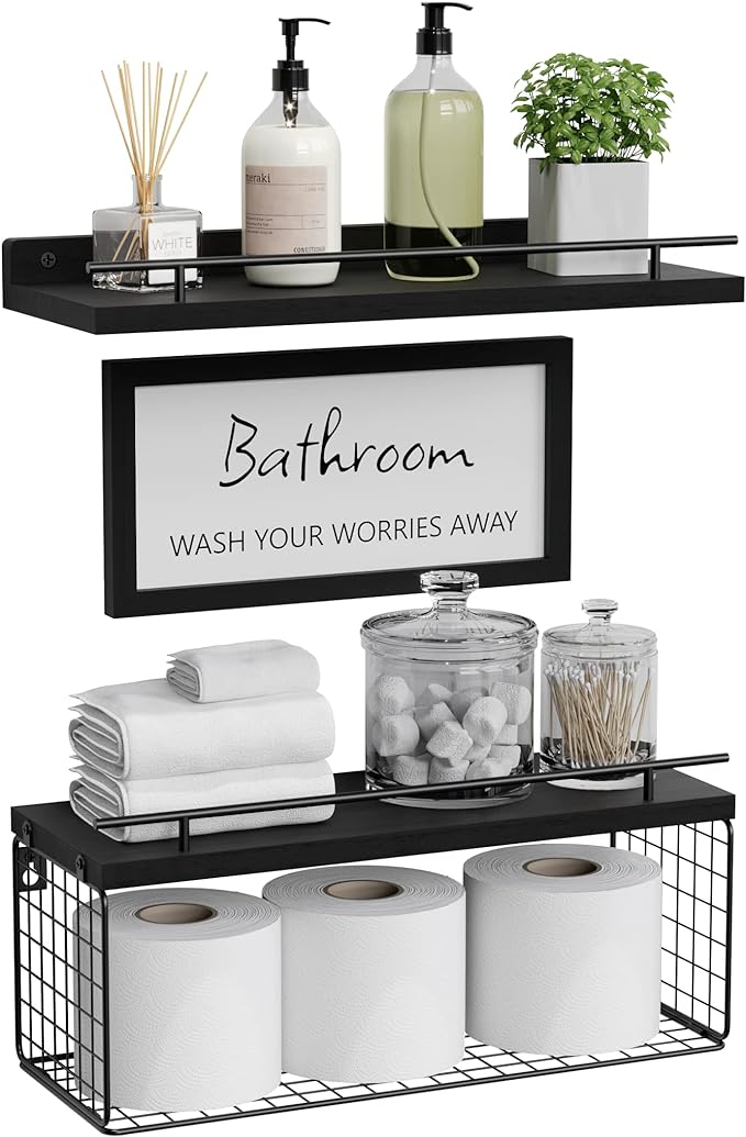 WOPITUES Floating Shelves for Wall Decor Sign, Bathroom Organizers and Storage, Bathroom Shelves Over Toilet with Metal Guardrail-Black