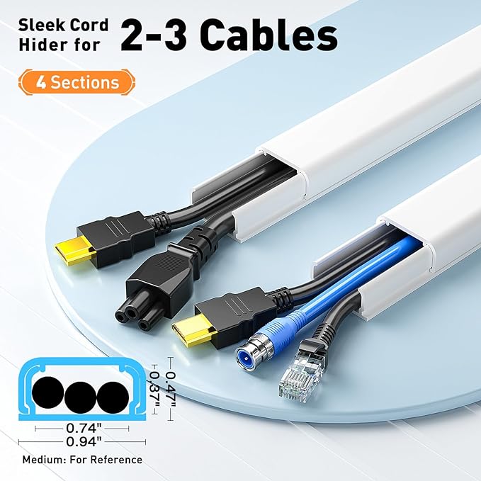 Delamu TV Cord Hider, Cord Covers for 2-3 Wires on Wall, Paintable Cable Hider Wire Covers for Cords, Easier Setup Wire Hiders for TV on Wall, Cable Cover Management to Hide Wires, W0.94H0.47in, White