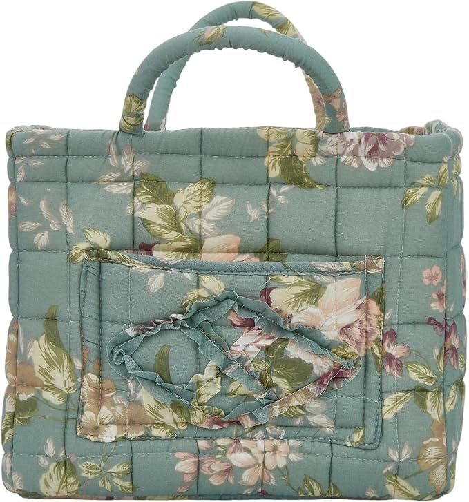 Fabric Baskets for Storage - Quilted Boho Floral Basket with Handles, Foldable Organizer for Home, Office, Clothes, Blankets, Books or Toys - 12'' x 10'' x 10''(Green)