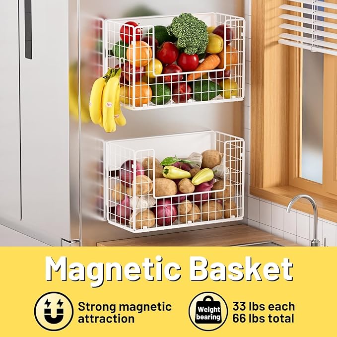 Ofiray-home Magnetic Fridge Shelf, Fruit Potato & Onion Storage Bins, Pantry Organizers, Large Container Basket for Refrigerator, Kitchen Counter, Cabinet (2, White)
