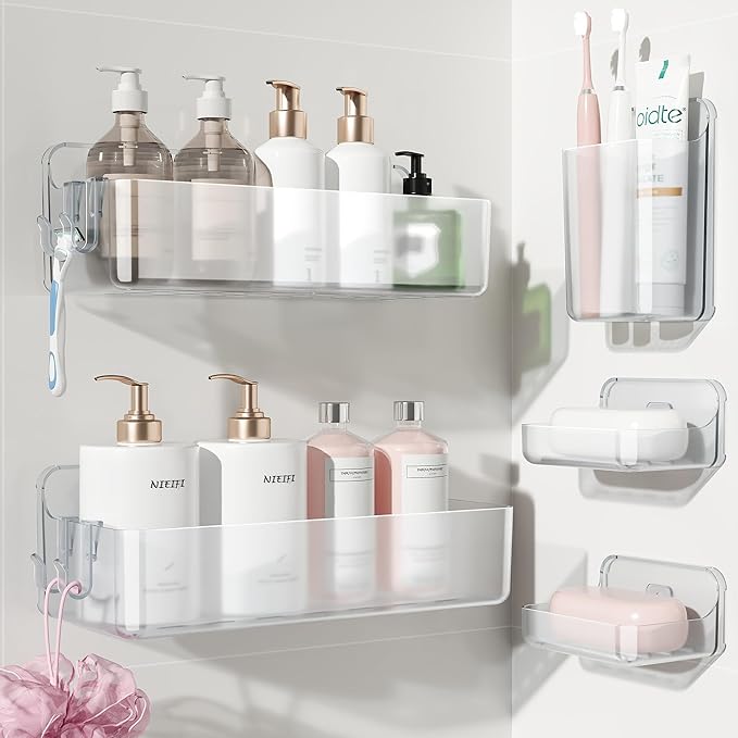 Adhesive Wall Shelf, Shower Shelves 5 Pack with Soap Holder, Clear