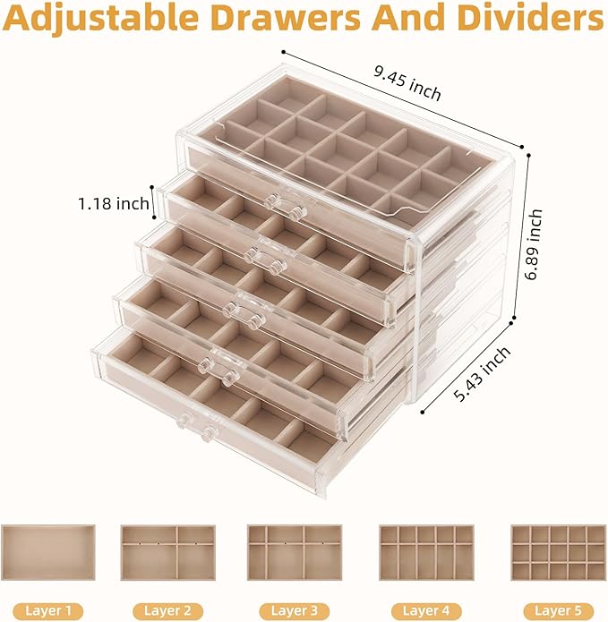 FEISCON Jewelry Box Organizer，Acrylic Storage Organizer with 5 Drawers Adjustable Velvet Trays grid size Jewelry Storage Box Clear Jewelry Organizer Gift for Women Girls (5 layer)