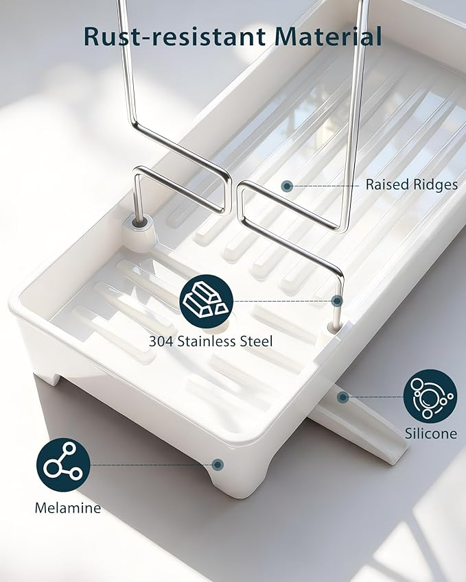 Plastic Sink Caddy, Rustproof Sponge Holder for Kitchen Sink with 304 Stainless-Steel Brush Holder, Countertop Rack Organizer with Raised Ridges & Silicone Drain Tube (Cream White, Large)
