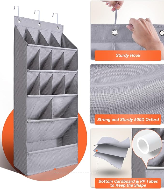 FENTEC 1 Pack Over-the-Door-Shoe-Organizers,Hanging Organizers with Large Pocket Shoe Holder Hanging Shoe Rack for Closet Shoe Organizer for Wall, Over Door Organizer with 15 Pockets Gray