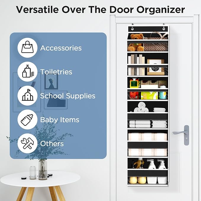 Mefirt 6 Tiers Over The Door Organizer, Heavy Duty Hanging Organizer Storage with Large Capacity Pockets, Behind Door Storage Hanging Shelves for Closet Wall Bathroom Bedroom Nursery Pantry, 1 Black