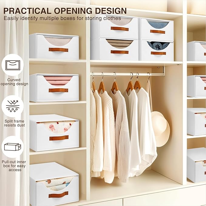 Homsorout Stackable Storage Drawers - Collapsible Storage Bins with Drawers, 8 Pack Closet Shelf Organizer Basket, Fabric Pull Out Organizer for Bedroom, Living Room, Dorm, White
