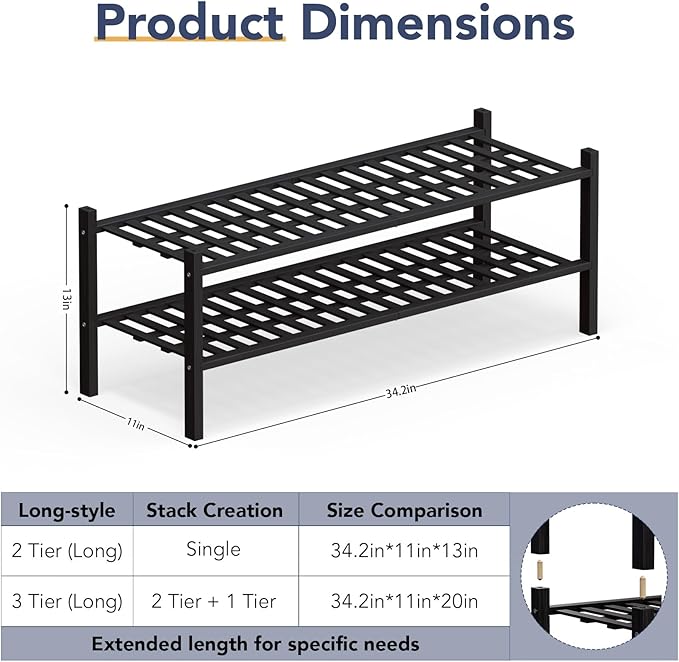 Haddockway Long 2 Tier Bamboo Shoe Rack Storage Organizer, Multifunctional Free Standing Stackable Shoe Shelf with Grid Panel for Closet,Hallway,Entryway,Small Space 34.2"x11"x13"
