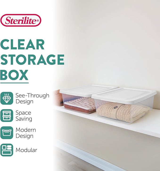Sterilite 45 Pack Storage Box, 12 Quart Stackable Tote, Clear Plastic Container with Secure Snapping Lids for Home and Office Organization, White