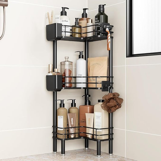 Orimade Rustproof 3 Tier Floor Standing Corner Shower Caddy Organizer with Toothbrush Holder, Large Spacing Floor Shower Shelf Rack Storage Stands with Hooks for Bathroom Kitchen, Black