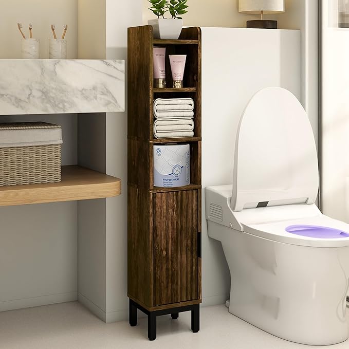 FerniTry Narrow Bathroom Storage Cabinet, Corner Toilet Paper Floor Cabinet 5 Tiers with Door and Shelves,Bathroom Organizer with Adjustable Shelf, for Small Spaces(Rustic Brown)