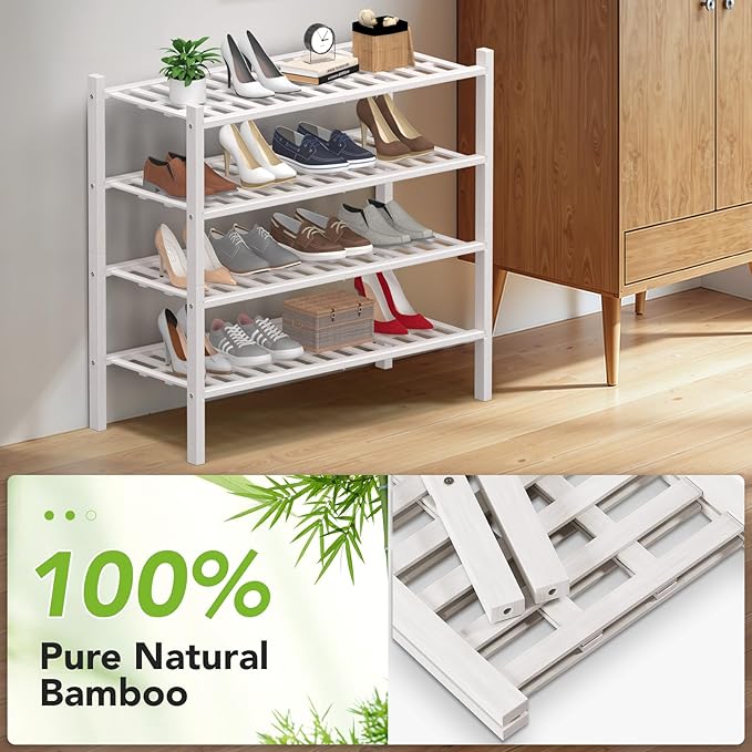 Haddockway 4 Tier Bamboo Shoe Rack Storage Organizer, Multifunctional Free Standing Stackable Shoe Shelf with Grid Panel for Closet,Hallway,Entryway,Small Space 27"x11"x26"