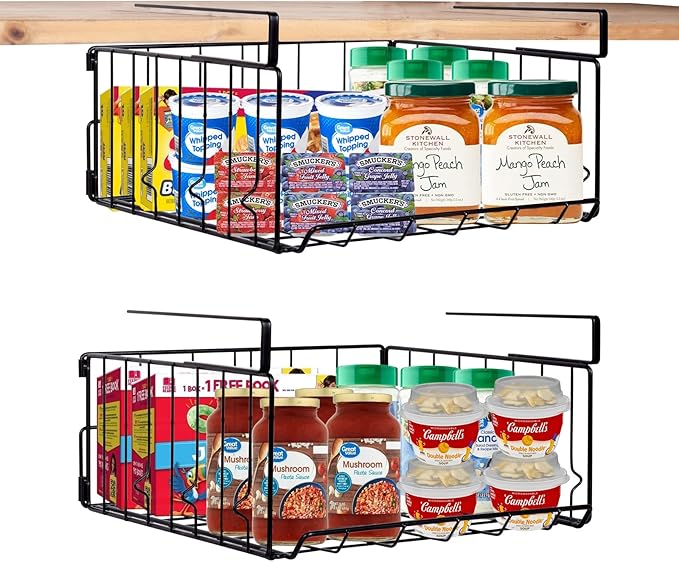 Under Shelf Basket Storage, Steel Under Shelf Hanging Wire Baskets Shelves for Laundry Room Kitchen Desk Pantry Bookshelf (Black, 2 Pack)