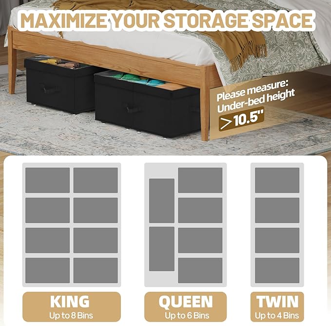 Large Under Bed Storage with Wheels, 10" Height Rolling Underbed Storage Containers Bins with Lid, Deep No-Assembly Under Dorm Bed Storage Drawers for Shoes, Clothes, Blankets (2 Pack, Black)