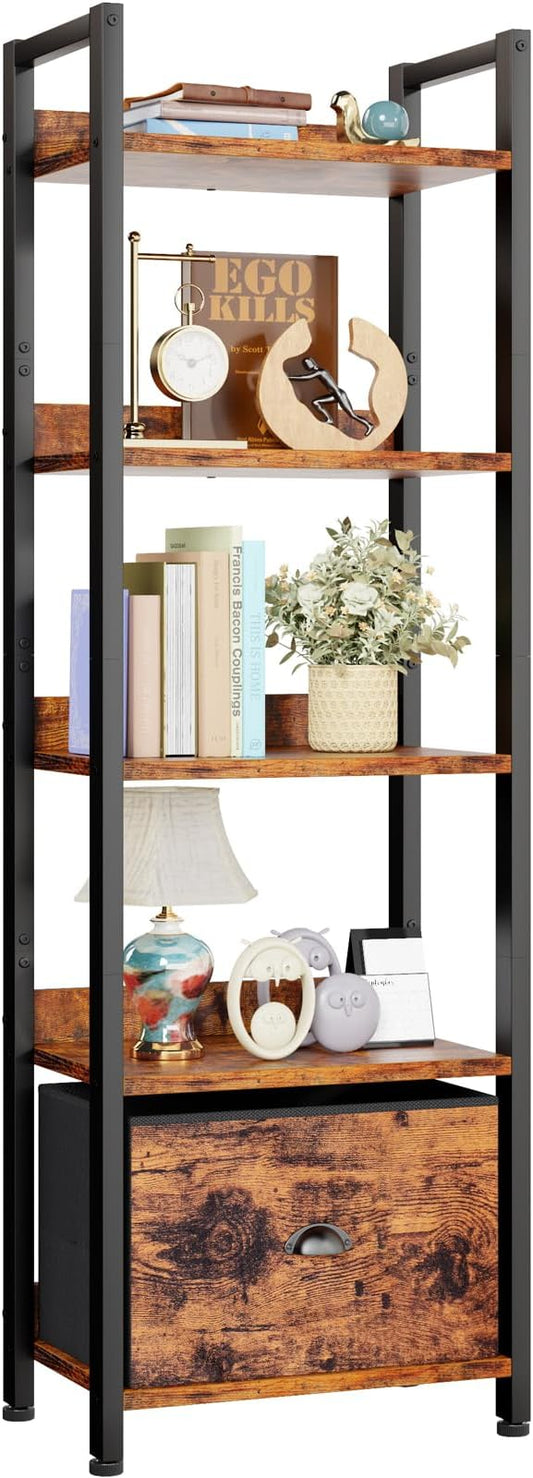 5 Tier Bookshelf with Drawer, Tall Narrow Bookcase with Shelves, Rustic Brown