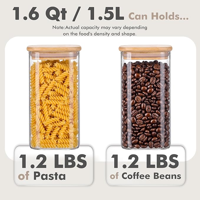 3-Pack 1.6Qt Square Glass Storage Jars with Bamboo Lids, Pantry Storage Containers for Neat Organization, Ideal for Minimalist Kitchen Organizer, Nut, Coffee Beans, Oats, Cookie, Candy, Flour