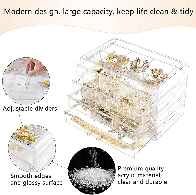 Weiai Acrylic Jewelry Box, 72 Grids Clear Jewelry Organizer with Adjustable Dividers, Large Capacity Earring Ring Gift Boxes