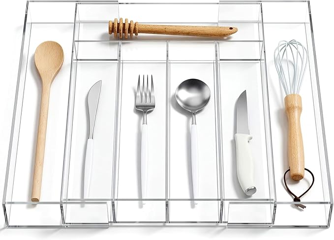 Teenyyou 1 Pack Expandable Kitchen Drawer Organizer Clear Acrylic Utensil Organizer Adjustable Acrylic Silverware Storage for Drawers Silverware Flatware Knives (12 x 16 Inches,5-7 Compartments)