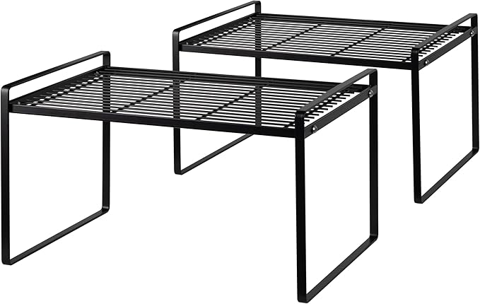 Shantton 2Pack Kitchen Cabinet Shelf Counter Organizer Rack Pantry Storage Bathroom Bedroom Office Table Desk Space Saving Stackable Rust Resistant Non Slip Black Tall Wide L16.1in W10.6in H9.5in