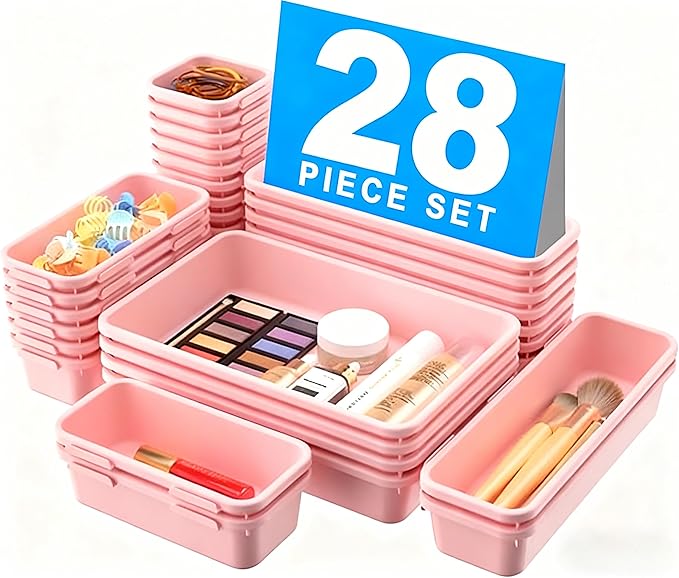 A-LuGei 【Military Grade Drawer Organizer, 【𝟱𝗦𝗶𝘇𝗲】 Makeup organizer, 【Holds 177 Items】 Bathroom Organizers and Storage, Organization and Storage, Desk Drawer Organizer for Vanity (Pink)