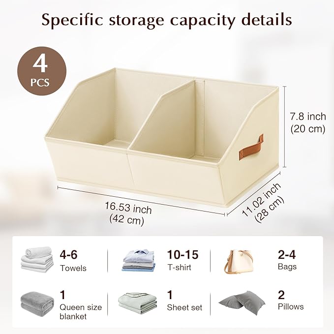 Homsorout Closet Organizers and Storage Bins - 4 Pack Collapsible Divided Trapezoidal Cube Storage Bins Baskets with Orange Handle for Organizing Clothes Blankets, Toys, Books, Towels(Beige)
