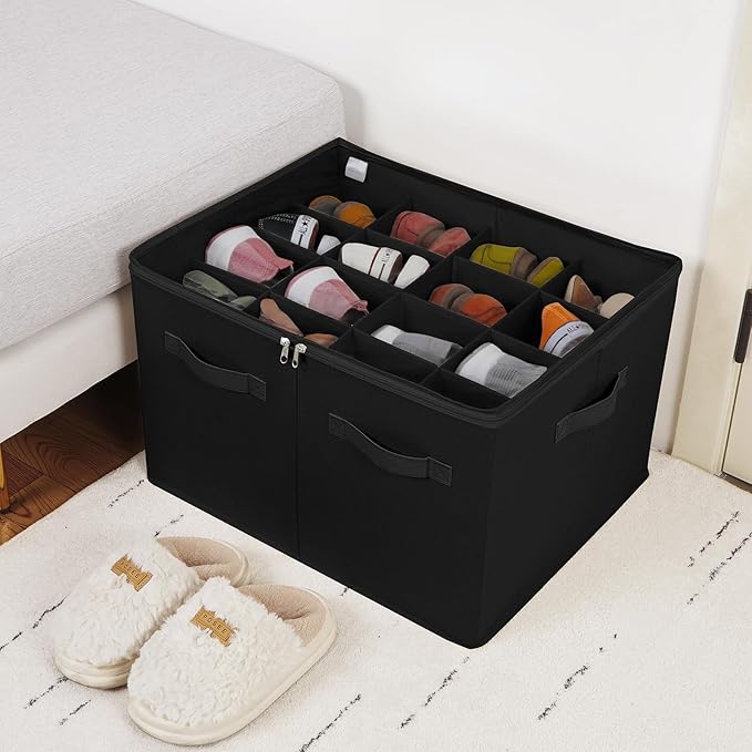 TOPIA HOME Shoe Organizer for Closet, Foldable Shoe Box with Adjustable Dividers and Clear Cover, Space Saving Shoe Storage Organizer Cabinet with Reinforced Handles, Fits 16 Pairs, Black, TP09B