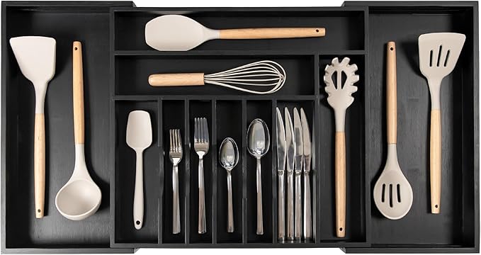 KitchenEdge Premium Silverware, Flatware and Utensil Organizer for Kitchen Drawers, Food-Safe Contract Grade, Expandable from 18 to 33 In, Black Bamboo