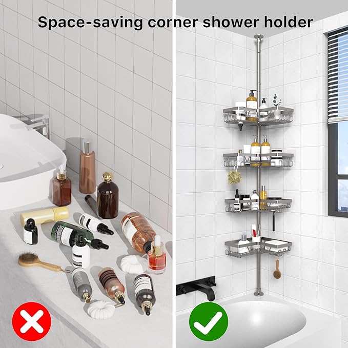 Corner Shower Caddy Tension Pole with Soap Dish & Razor Holder
