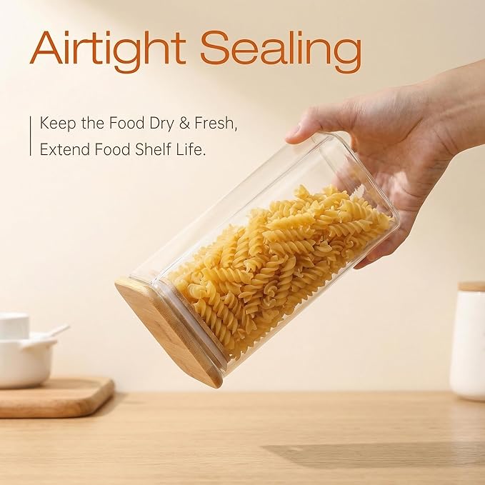 Extra Large Square Glass Flour & Sugar Storage Containers with Airtight Lids, 168oz & 84oz - 2 Pack Glass Jars with Bamboo Lids, Air tight Pantry Food Storage Containers for Cereal, Pasta, Rice