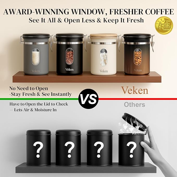 Veken Coffee Canister with Window,Airtight Stainless Steel Kitchen Food Storage Container, Date Tracker & Scoop for Grounds Coffee, Beans, Tea, Flour, Cereal,Sugar,22OZ,Grey