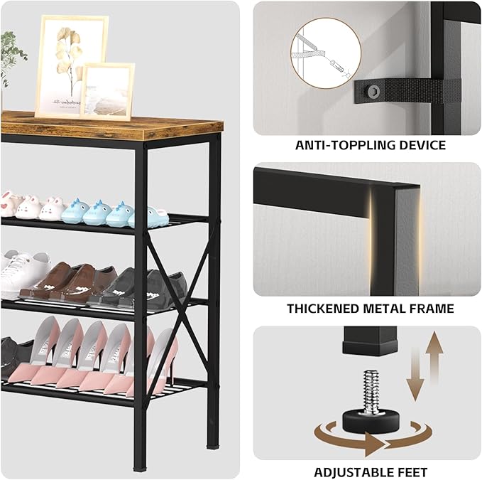 4-Tier Tall Shoe Rack, Large Capacity Shoe Shelf Holds 16 Pairs, Shoe Shelf for Entryway, Hallway, Living Room, Rustic Brown