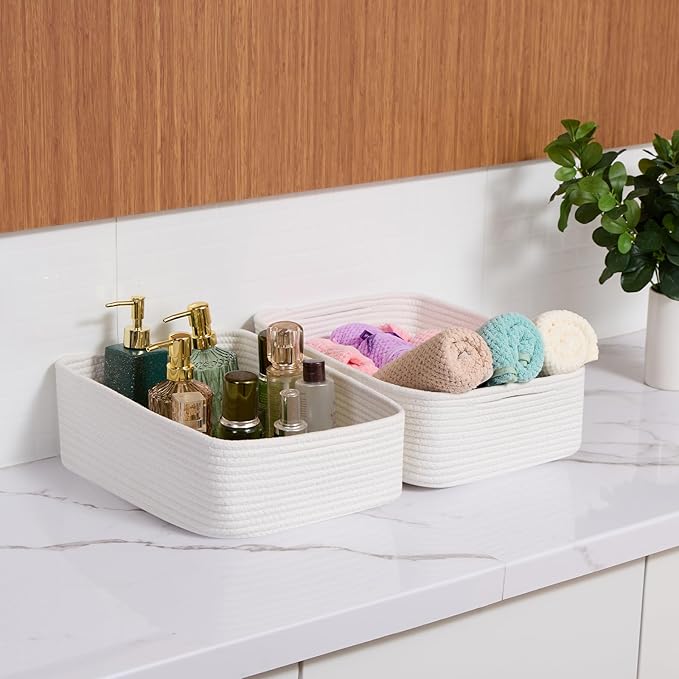 Large Shallow Organizing Baskets 15x11x5.1 Inches, Off White 2 Packs