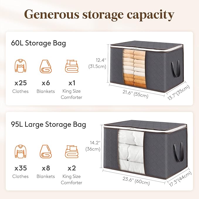 Lifewit 3 Pack 60L Clothes Storage Bins with Lids, Foldable Blanket Storage Bags with Zippers, Clear Window and Reinforced Handles, Closet and Organization for Clothing, Sweater, Comforter, Bedding