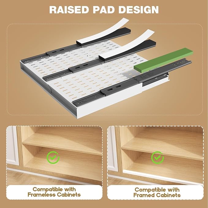Seinloes Pull Out Cabinet Organizer, 4-Side Expandable to Fit Most Cabinets, 3 Rail Slide Out Drawers with Raising Pad for Framed & Frameless Cabinets, 13"-21" W x 17"-24" D, White, 2 Pack