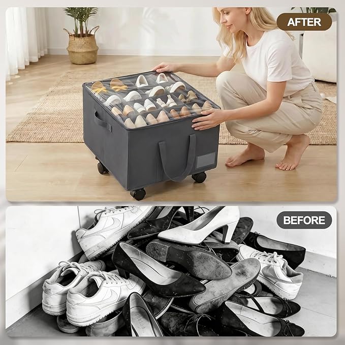 2 Pack Large Shoe Organizer for Closet, Adjustable Dividers Shoe Storage Box Bins with Wheels Clear Cover Reinforced Handle Side Pocket Fits up to 32 Pairs, Foldable Shoe Organizer for Entryway Grey