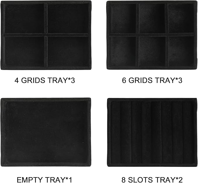 Small Jewelry Tray Set, Stackable Velvet Jewelry Organizer Tray, Set 9,Black