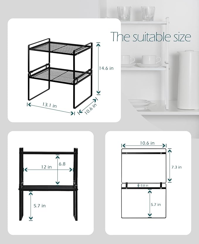 Shantton 2Pack Kitchen Cabinet Shelf Counter Organizer Rack Pantry Storage Bathroom Bedroom Office Table Desk Space Saving Stackable Rust Resistant Non Slip Black Wide L13.1in W10.6in H7.3in