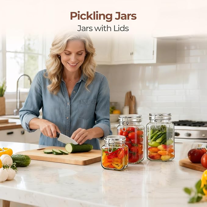 Set of 3 Square Glass Jars with Airtight Lids (51 Oz)