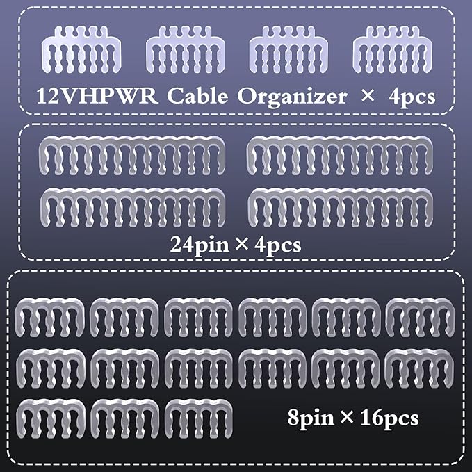 Sirlyr PC Cable Comb,PSU Cables Combs kit for Extension Cable Management 24 PCS Set 12vhpwr Cable x 4,24 pin x 4,8 pin x 16,3 mm/0.11In up to 3.5 mm/0.13 in Wire Gauge Transparent