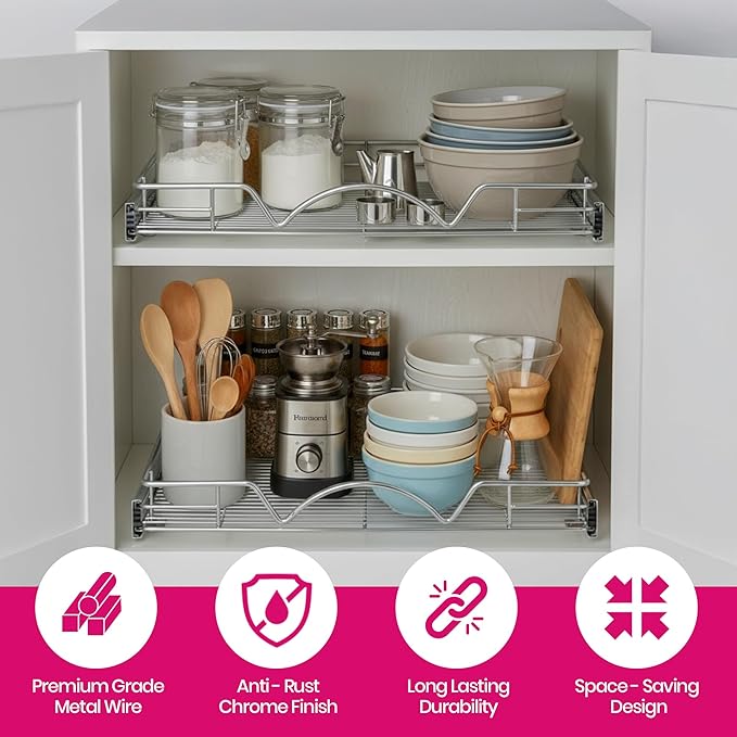 HOLDN’ STORAGE Pull Out Cabinet Organizer, Heavy Duty Caddy w/Lifetime Limited Warranty -22”W x 21”D - Requires At Least 23-1/4” Cabinet Opening, Steel Metal Cabinet Drawers Slide Out, Chrome