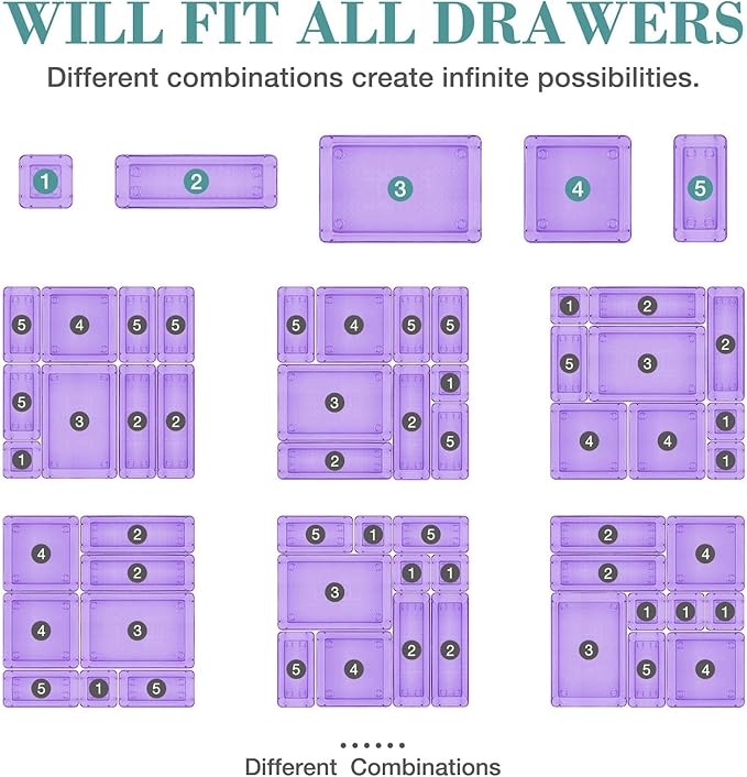StorMiracle 25 PCS Drawer Organizer Set, 4 Varied Size Bathroom and kitchen Drawer cabinet organizer Trays, Clear Storage Bins for Makeup, Jewelry, Utensils and Gadgets， Purple