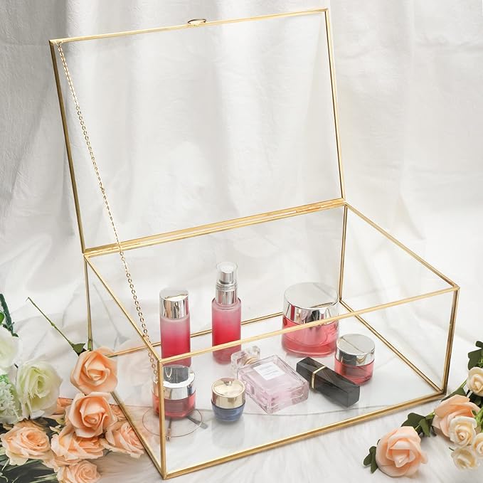 HighFree Vintage Glass Box with Lid - Clear Jewelry Glass Display Box Keepsake Box - Home Decor Decorative Box for Trinket Rings Bracelet (Gold, X-Extra Large)
