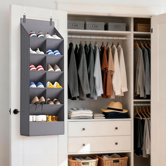 6 Tier Over the Door Shoe Organizer with 11 Large Deep Pockets, Gray