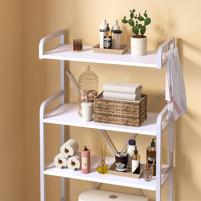 Huhote Over The Toilet Storage Rack with 3-Tier Bathroom Shelves, Space Saver Toilet Shelf, Bathroom Storage Organizer with Hooks for Over Toilet Storage and Shelf (White)