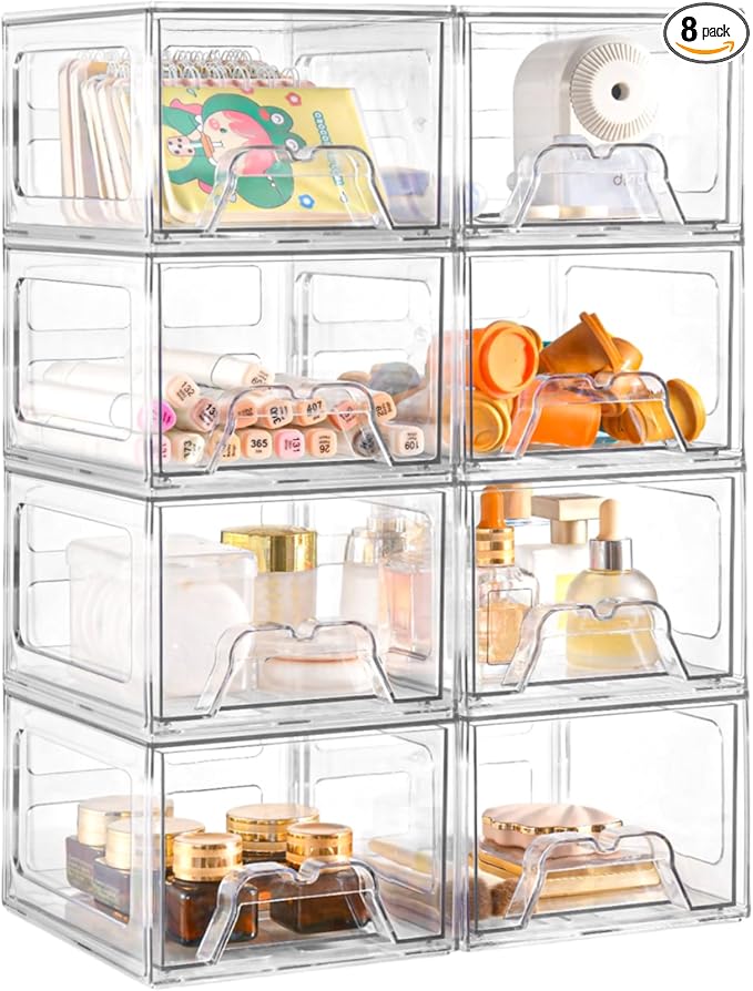 Plastic Drawers Storage, 8 Pack Clear Stackable Storage Drawers