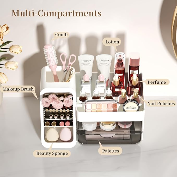 Makeup Organizer for Vanity with 5 Adjustable Dividers & 2 Clear Drawers, Large Make Up Brush & Perfume Holder, Cosmetic Display Cases Skincare Storage for Bathroom Countertop, Office, Pantry, Kitchen