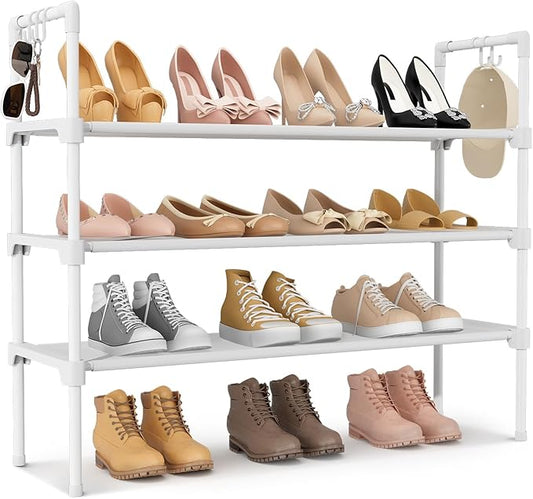 3 Tier Shoe Rack for Closet, Shoe Organizer with 5 Hooks, White