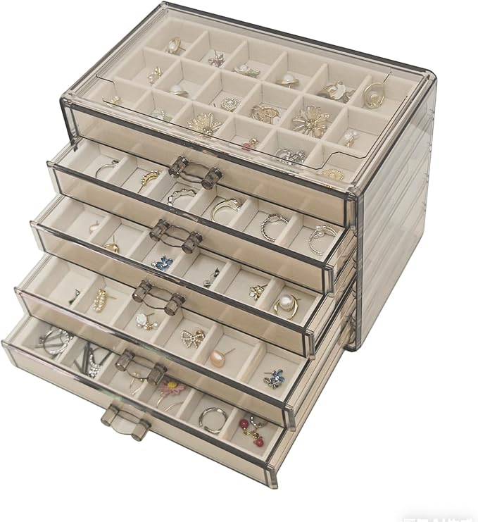 Acrylic Earring Holder Organizer with 5 Drawers Clear Earring Organizer Box with 90 Adjustable Grids Velvet Earring Display Case Jewelry Organizer for Earrings Rings Studs (Brown Beige)
