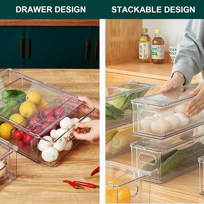 Fridge Drawers, 3-Pack Clear Stackable Pull Out Refrigerator Organizer Bins