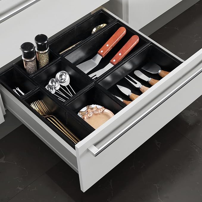 Bamboo Drawer Organizer Set, 8 PCS Black Multi-Use Drawer Storage Boxes