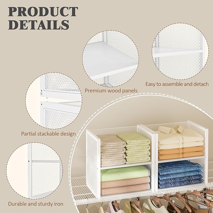 4-Tier Stackable Closet Organizers and Storage Basket, Wire Clothes Shelf Organizer Bins, Sweater Storage for Wardrobe Cupboard, Multifunctional Cube Storage Box for Kitchen Bath Laundry Room, White